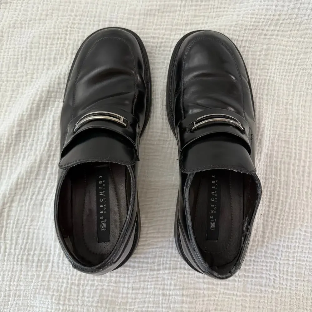 Skechers Slip On Loafer Size 13 Black Leather Silver Metal Rubber Sole